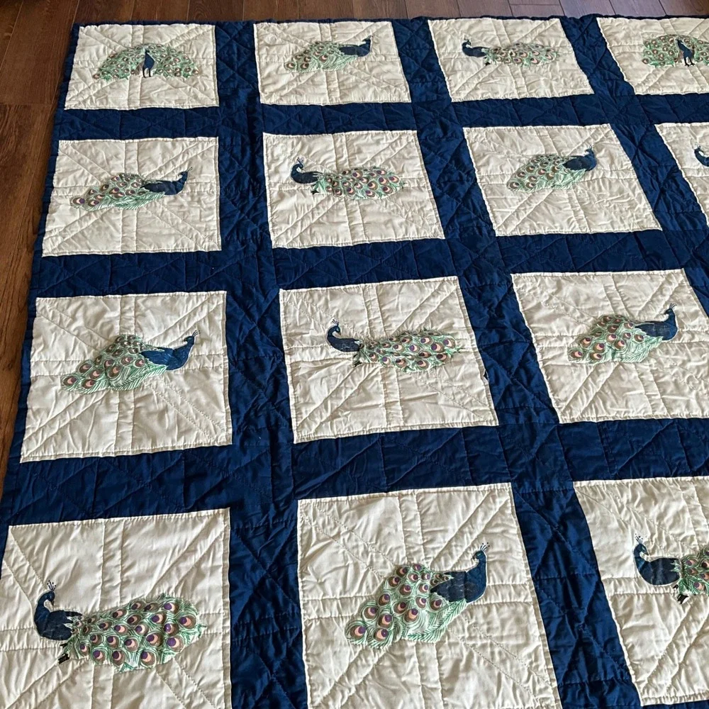 Vintage Style Peacock Applique Hand Quilted Navy Blue White Cotton Quilt Blanket